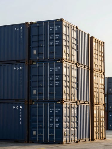 Industrial shipping containers stacked at a modern European port, crisp morning daylight reflecting off steel surfaces, architectural scale, professional maritime logistics