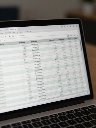 Tight overhead shot of a laptop screen displaying a spreadsheet of domain names with renewal dates and status columns, cool flat office light, keyboard visible at bottom edge, no person in frame