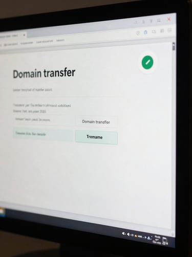 Close-up of a monitor screen showing a domain transfer confirmation dialog with a countdown timer badge in the corner, soft studio light on screen surface, no people, tight crop