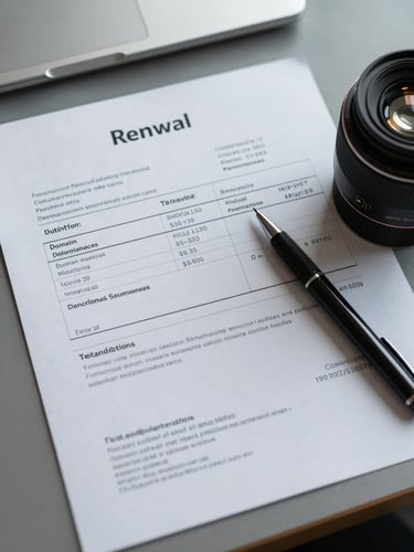 Tight overhead shot of a work surface with a printed renewal invoice showing domain names, dates, and dollar amounts, a pen resting beside it, cool flat office light, no people in frame