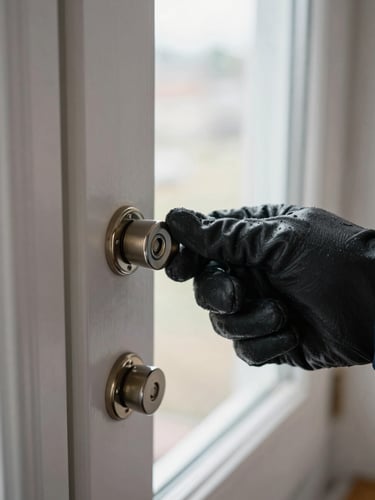 Close-up of a locksmith's gloved hand turning a freshly installed euro cylinder in a residential door, bright daylight from a side window, shallow focus on the cylinder face, documentary style