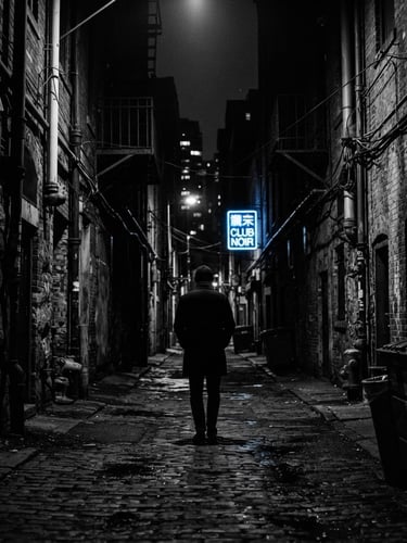 Wide cinematic still from 'The Silent Frame', a lone figure in a high-contrast monochrome urban alley, moody low-key lighting, anamorphic lens, deep shadows, 35mm grain, electric blue accent in a distant neon sign.