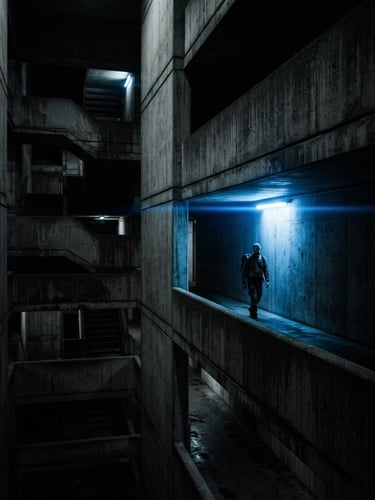 Wide cinematic still from 'Urban Concrete' commercial, brutalist architecture, high-contrast monochrome, deep shadows, a single sharp electric blue light source, anamorphic lens, 35mm grain.