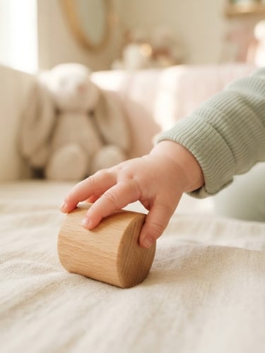 A close-up of a baby's hand reaching for a wooden block, soft natural morning light, gentle pastel tones, shallow depth of field, 35mm, warm editorial photography.