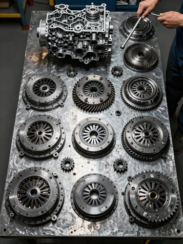 Tight overhead shot of a disassembled automatic transmission spread across a steel workbench, individual clutch packs and gear sets laid out in order under tungsten shop lighting, a technician's forearm visible at the frame edge holding a torque wrench — no faces, no background clutter