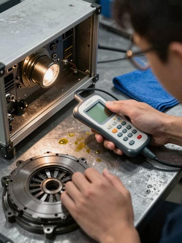 Close overhead view of a technician's hands holding a diagnostic scanner connected to an open transmission on a steel workbench, worn clutch pack visible in the foreground, tungsten shop light raking across the aluminum casing, oil residue on a blue shop rag nearby