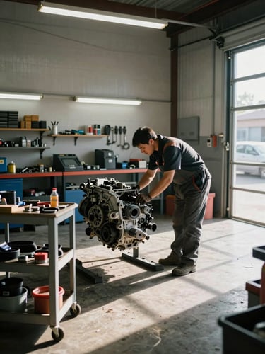 Wide shop interior shot from the side, technician bent over an open transmission on a lift, tungsten overhead shop lights casting hard shadows on the concrete floor, tools laid out on a rolling cart to the left, large bay door open to daylight on the right edge