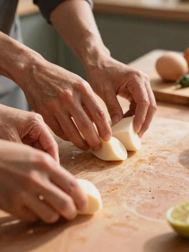 Dynamic close-up of diverse hands prepping raw ingredients on a warm terracotta countertop, soft golden-hour natural daylight filtering in