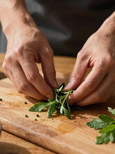 Dynamic close-up of hands prepping raw ingredients on a rustic wooden table, warm golden daylight casting soft shadows, focus on the texture of fresh herbs.