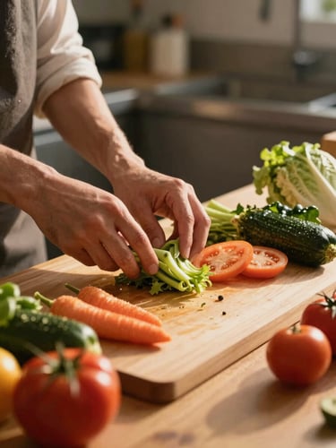 Dynamic close-up of diverse hands prepping raw colorful vegetables on a wooden counter, warm golden-hour side lighting, professional kitchen environment.