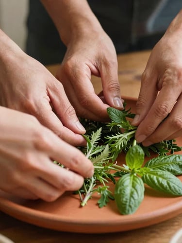 Close-up of diverse hands carefully arranging fresh herbs on a vibrant terracotta plate, warm natural light, shallow depth of field.