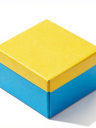 Overhead isometric studio shot of a vibrant custom rigid box, sharp geometric shadows, bright high-key lighting, saturated colors, macro lens