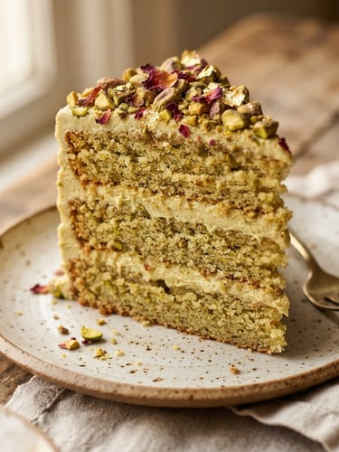 Macro overhead shot of a sliced pistachio cardamom cake, showing moist interior crumb and velvety buttercream layers, soft side window light, warm tones.