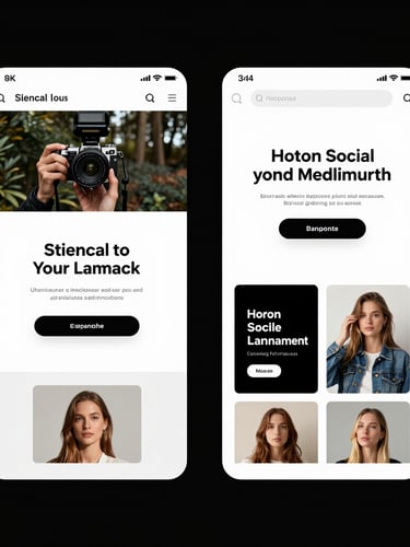 A structured browser mockup showing side-by-side creative iterations of high-converting social ad layouts, clean typography, sharp contrasts, cool-toned studio lighting