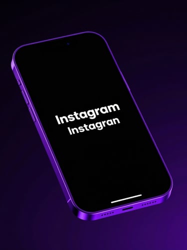 Sleek dark-mode mockup of a smartphone displaying a high-converting Instagram ad, vibrant purple neon rim lighting, deep obsidian background, sharp details
