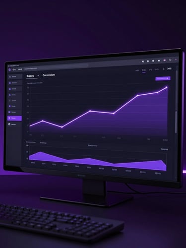 Sleek dark-mode analytics dashboard displaying climbing conversion charts, glowing purple accent lines, dramatic low-key studio lighting, 35mm lens