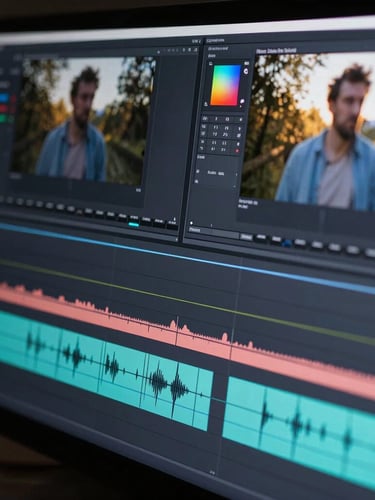 Close-up of a high-production video editing timeline with audio waveform tracks, color grading panels, and conversion-optimized ad overlays, cool-toned studio lighting