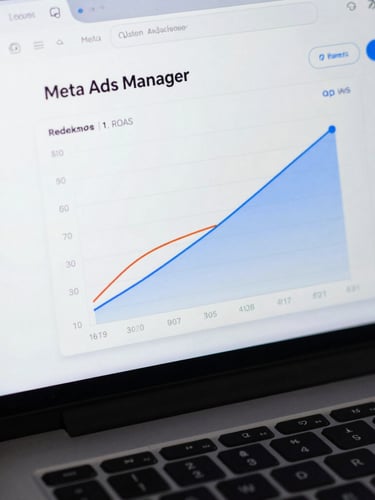 Macro close-up of a clean browser mockup displaying an active Meta Ads Manager dashboard with upward-trending ROAS charts, cool-toned studio lighting, sharp contrasts.