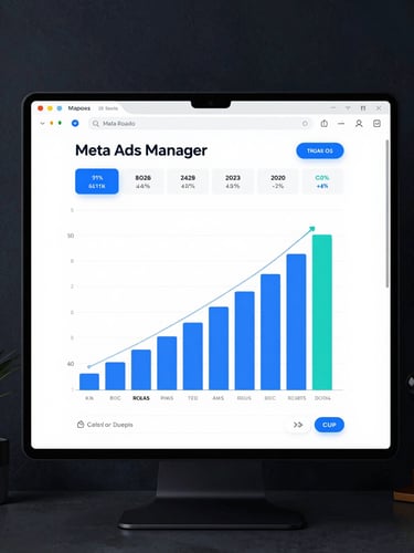 Crisp, high-fidelity screenshot of Meta Ads Manager dashboard inside a clean browser mockup, showing rising ROAS graphs and positive conversion metrics under cool-toned studio light