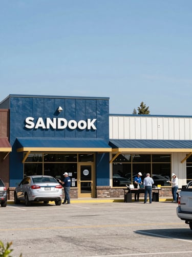 Crisp editorial photography of an active, highly organized local business environment in Sandpoint, bright natural daylight, deep blue accents, 35mm.