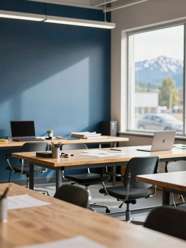 Crisp editorial photography of a modern, organized workshop or office in Sandpoint, natural daylight streaming in, professional and grounded, 35mm.