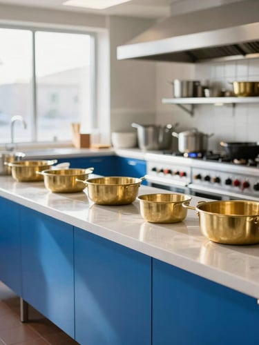Bright editorial photo of a clean, modern commercial kitchen prep area, natural morning light, organized and efficient workspace, 35mm