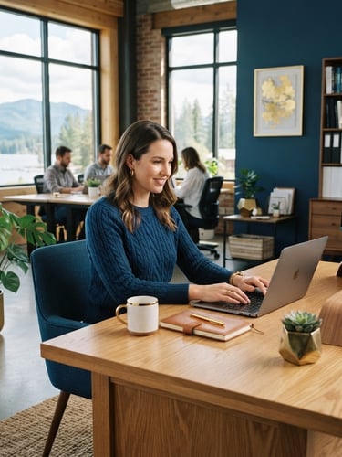 Crisp editorial photography of a modern, organized commercial workspace in Sandpoint, bright natural daylight, deep blue and warm gold accents, sharp focus, 35mm