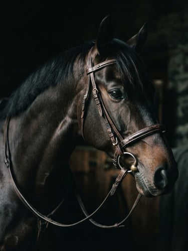 Moody equestrian photography of a dark stallion, low-key dramatic side-lighting, deep velvety sage and charcoal background, rich leather tack detail, 35mm film