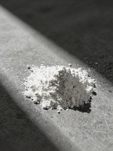 Stark laboratory setting, raw white supplement powder on a cold concrete surface, high-contrast directional studio lighting with deep charcoal shadows.