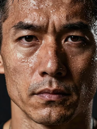 Extreme close-up of a mature male athlete's face sweating heavily under harsh studio lighting, deep shadows, intense focus