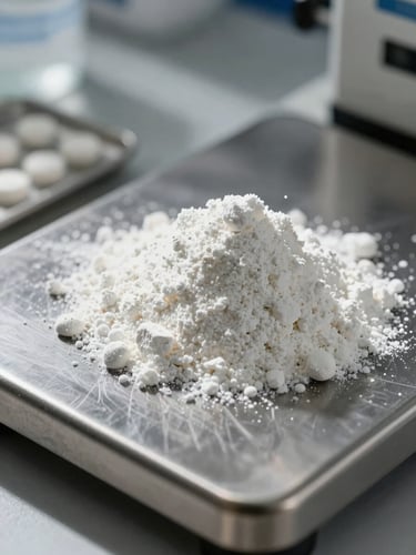 Extreme close-up of raw white supplement powder on a stark stainless steel laboratory scale, high-contrast directional lighting casting deep shadows.