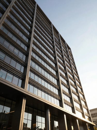 Wide-angle architectural photograph of a modern commercial facade in Johannesburg, high-contrast afternoon sun, steel and glass details.