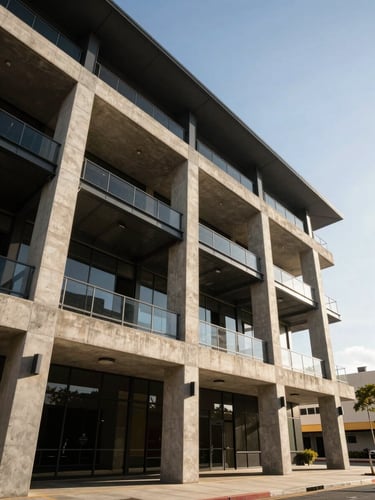 Crisp wide-angle architectural photograph of a modern commercial facade under bright South African afternoon sun, structural concrete and steel detailing visible, sharp focus.