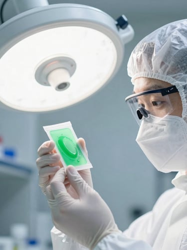 Close-up of a laboratory technician in sterile white cleanroom gear analyzing a wet wipe substrate sample, bright clinical light, 35mm