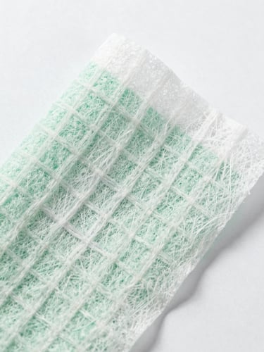 Macro close-up of textured spunlace nonwoven wet wipe fabric, showing cross-laid fiber grid under bright clinical white studio light.
