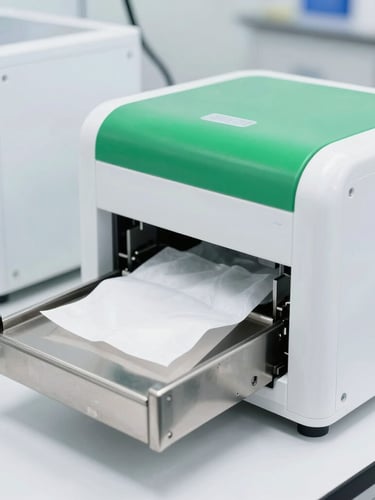 Bright clinical photography, sterile white laboratory environment, automated stainless-steel wet wipes packaging line, fresh green accents, sharp focus, 35mm