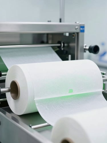 Bright clinical B2B photography of a modern automated wet wipes production line, sterile stainless steel machinery under clean white laboratory light, rolls of nonwoven spunlace fabric visible.