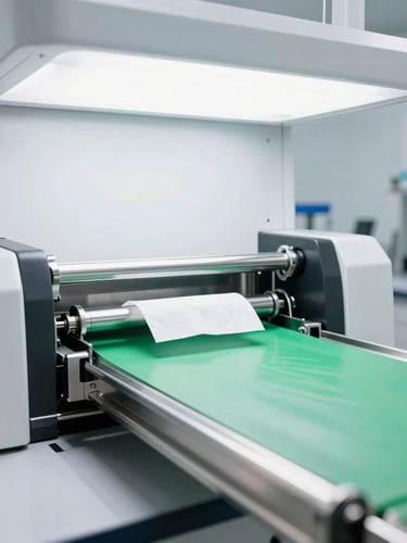 Wide-angle clinical view of automated stainless-steel wet wipe folding and packaging machinery under bright white laboratory light, 35mm