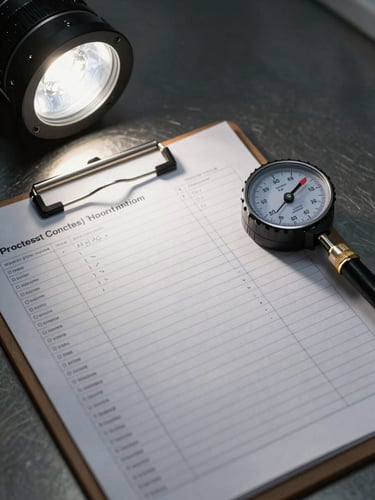 Extreme close-up overhead flatbed view of a process control checklist on a metal clipboard, fields filled in with precise handwriting, a calibrated measuring instrument resting beside it on a dark steel surface, single directional studio strobe light, high contrast, no hands, no people, clinical documentation still life
