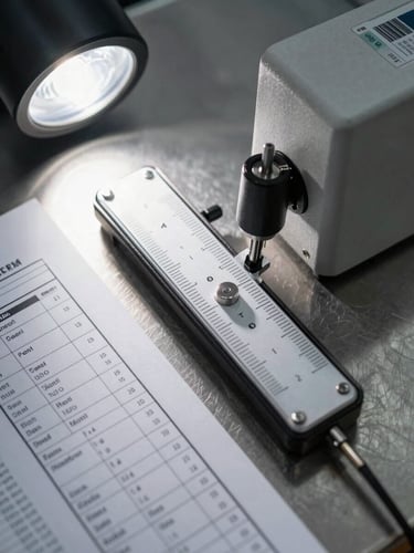 Extreme close-up overhead of a quality control measurement instrument on a printed process flow document, studio strobe from single direction, sharp shadows emphasizing calibration marks and printed procedure columns, stainless steel surface, no motion, no people