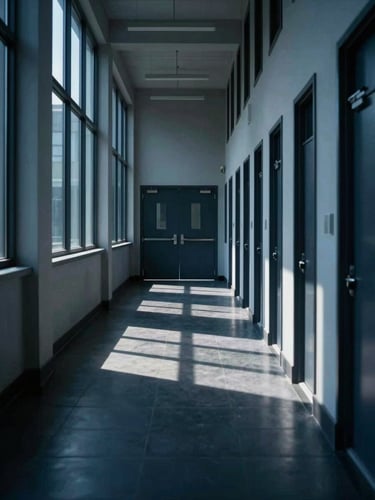 Long institutional corridor perspective inside a corporate building, shot from low center looking toward a set of closed heavy doors at the far end, single directional light from high windows casting sharp parallel shadows across polished dark floor, deep blue-black tones, no people, architectural precision framing