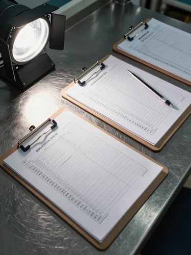 Overhead wide shot of a production line control clipboard on a stainless steel surface, precise studio strobe lighting from upper left casting sharp shadows, printed checklist forms and a calibrated thermometer arranged in ordered sequence, no motion, no hands, institutional stillness