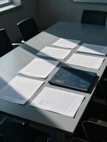 Overhead wide shot of a closed boardroom table in an empty room, single directional light entering from the left casting sharp geometric shadows across a surface of organized documents and a closed governance binder, deep blue ambient tone, high contrast, no people