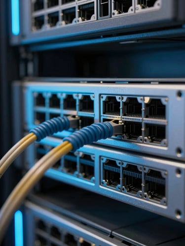 Macro close-up of high-end server rack cabling, clean network operations center, sharp neon blue accent lights reflecting off metallic surfaces, 35mm