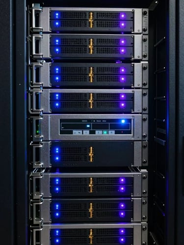 Portrait framing of a clean server rack cabinet in a dark security operations center, glowing purple and neon blue indicator lights, metallic textures, shallow depth of field, 35mm photography