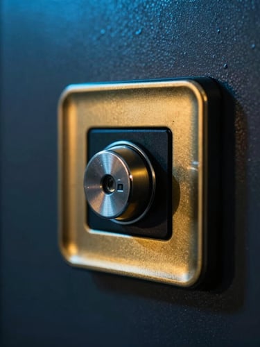 Modern office access control hardware with a dark metallic finish, low-key lighting with sharp gold accent lights reflecting off the surface, 35mm