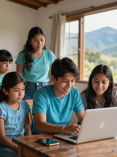 A warm editorial photo of a local Ecuadorian family in their living room in Aloag, a student happily working on a laptop, soft light coming from a window, natural mountain setting.