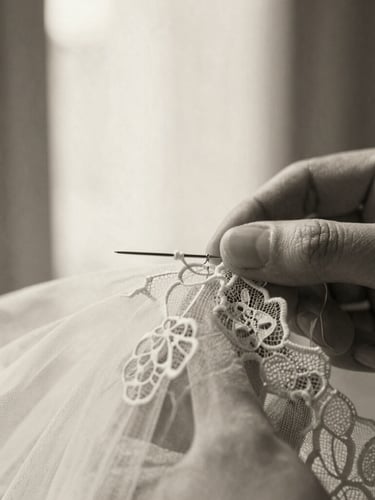 Macro close-up of hands sewing delicate French lace onto fine silk tulle, shallow depth of field, high-contrast black and white, warm ivory lighting, focus on the intricate needlework.