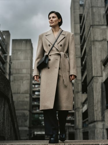Low-angle editorial shot of a structured beige wool coat on a model, overcast city light, concrete architectural background, desaturated neutral tones, 35mm film grain