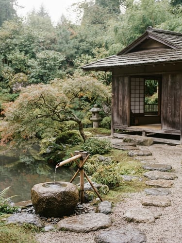 Minimalist Japandi landscape of Mays Garden, soft diffused overcast daylight, muted sage and warm beige tones, 35mm film
